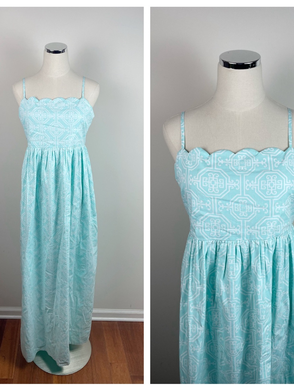 Crown & Ivy Blue White Scallop Geometric Maxi Dress Aqua Tile New Women Medium